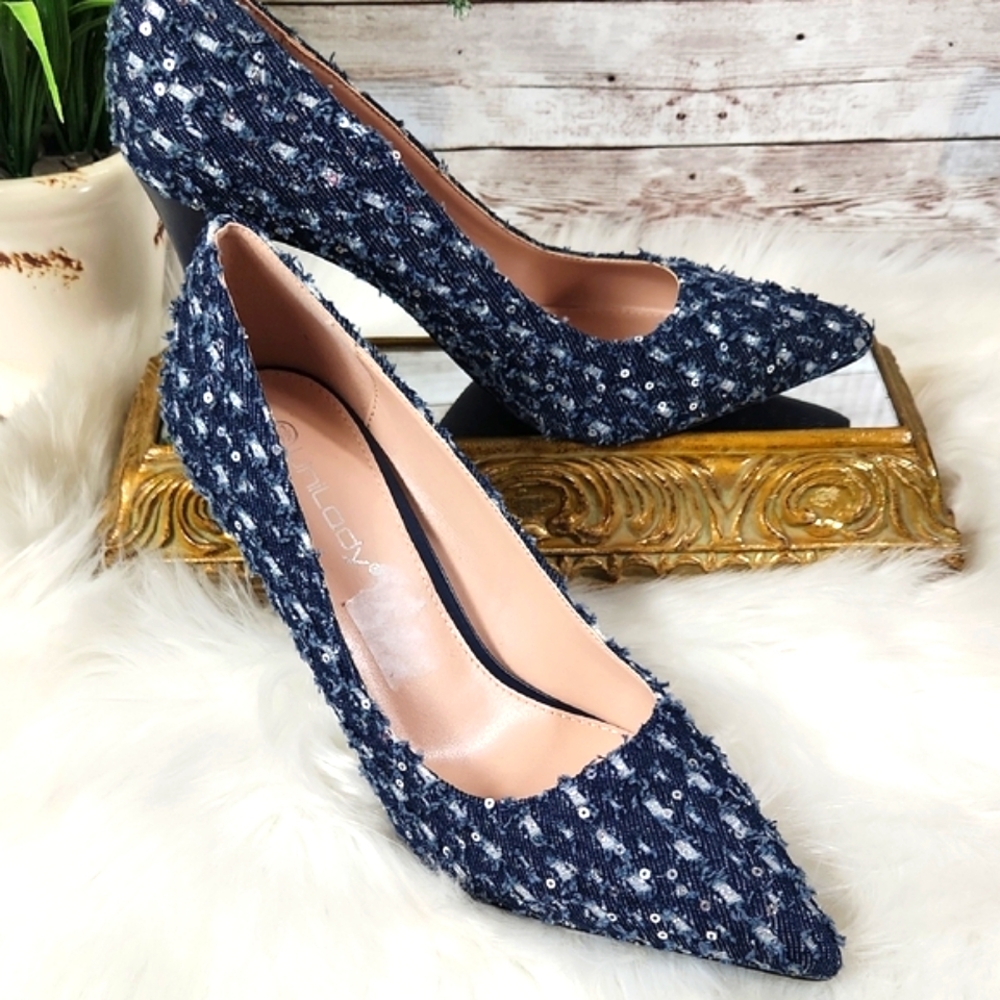 Unilady, Women's Chic Navy Blue Sequin Pointed Toe Heels byCall It Sprg, Sz 8.5 - Picture 3 of 12